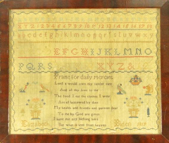 Elizabeth Biden needlework sampler, dated 1819. 10: Elizabeth Biden needlework sampler, dated 1819. 10 1/2 in. X 12 1/2 in. framed