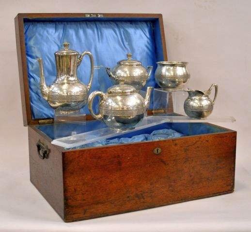 19th century American Aesthetic design five piece : 19th century American Aesthetic design five piece sterling tea and coffee service by Tiffany & Co., Union Square NYC, in original mahogany silk lined case with stamped brass handles, Weight: 97 Troy o