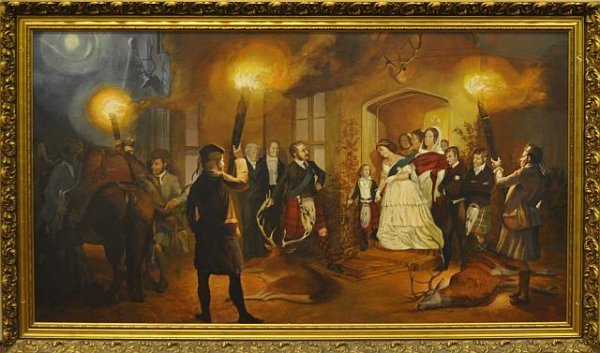 Scottish School (20th century) Presentation of the: Scottish School (20th century) Presentation of the deer, signed with monogram after Carl Haag, L.R. Oil on panel, 30 in. X 54 in. framed
