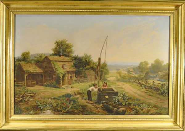 Jerome Thompson, American (19th century) "The Ol: Jerome Thompson, American (19th century) "The Old Oaken Buckett, signed Jer. Thompson, L.R. in print and verso. Chromolithograph, 17 in. X 26 1/2 in. framed