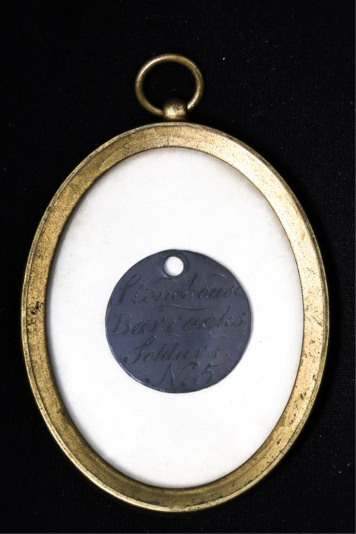(18th c) STONEHOUSE BARRACKS SOLDIERS No. 5 MEDAL: Chisel engraved and manufactured with hole; believed not to be have drilled at a later date. Possibly a swinging cover for a keyhole lock. 1 inch