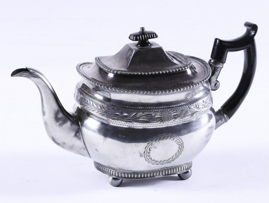 UNUSUAL COIN SILVER TEAPOT signed I. BROWN & Co.: Beautifully executed with beadwork and brightcut floral band and cartouche. signed. 7 11 x 5 1/4 inches