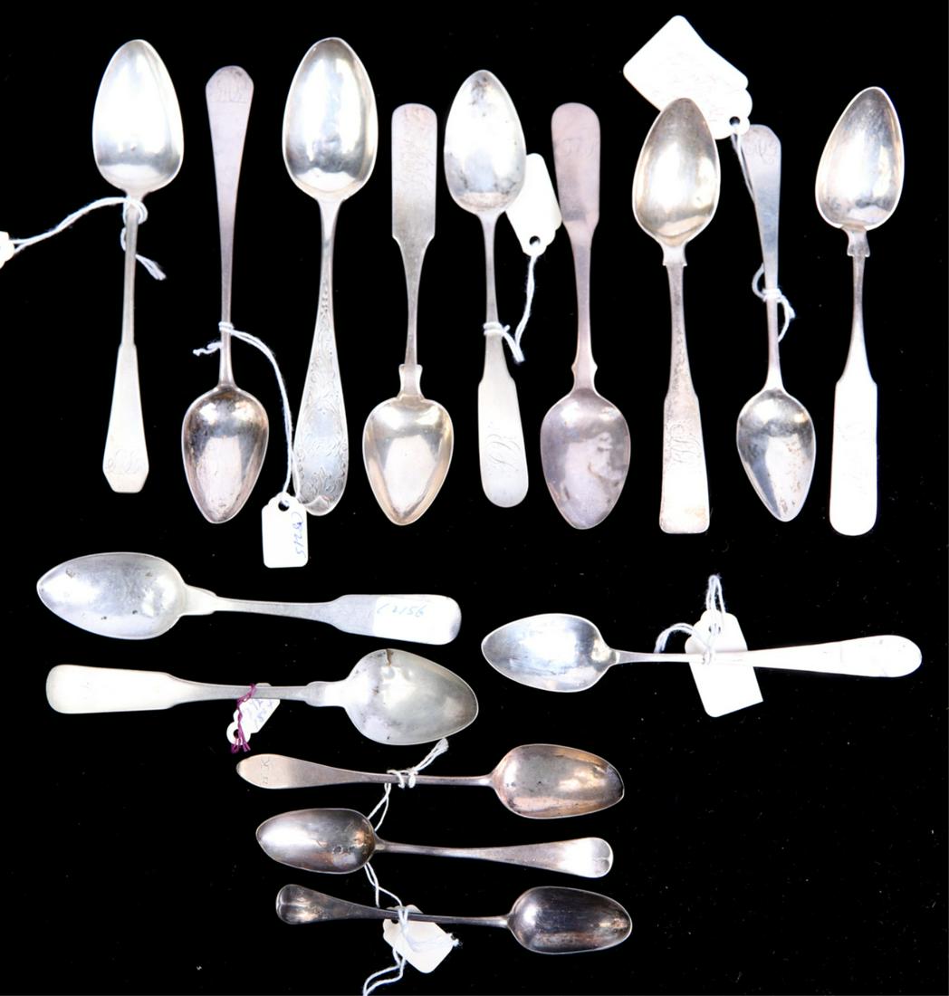 (15) COIN SILVER TEASPOONS from (18th-19th c) (1 of 20)