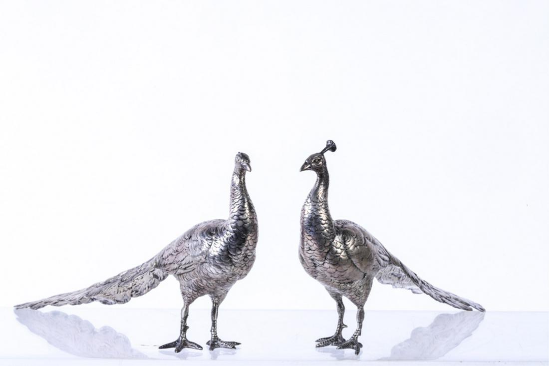 LARGE PAIR OF GERMAN SILVER PEACOCKS (1 of 11)