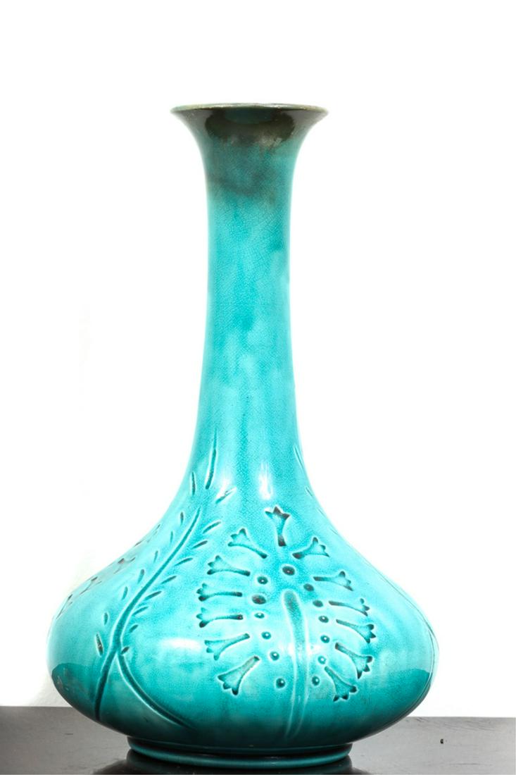 MAJOLICA VASE INCISED with FERNS and BELL FLOWERS: Embossed 1242 under base. 12 inches