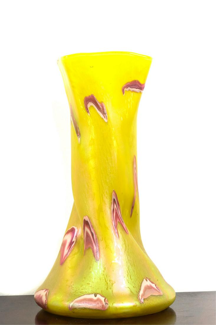 HAND BLOWN IRIDESCENT ART GLASS VASE: With controlled red and white patterning. unmarked. 13 inches.