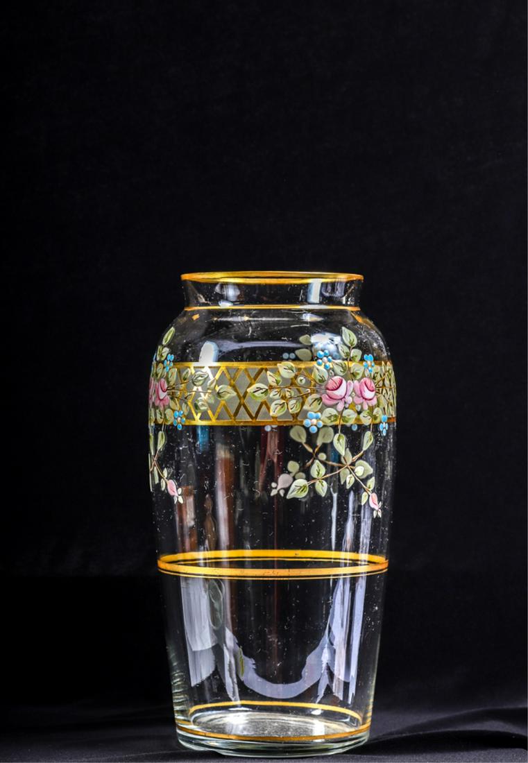EDWARDIAN GLASS VASE ENAMELLED w TRELLIS & FLORALS: Highlighted with gold bands. 8 1/2 inches.