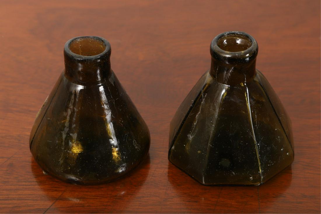 (2) OLIVE GREEN BLOWN MOLDED INKWELLS (1 of 5)