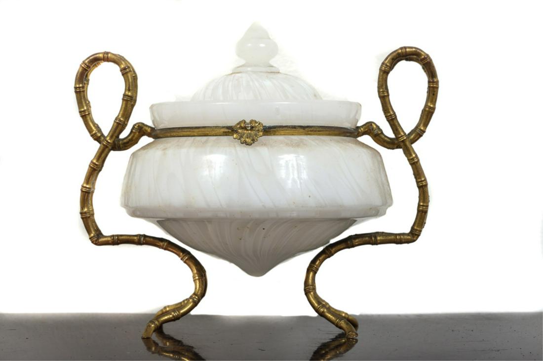 ART GLASS COVERED URN with ORMOLU MOUNTS: White to clear opaque art glass font wrapped with bamboo form handles and legs. 4 3/4 x 6 1/4 inches. unsigned