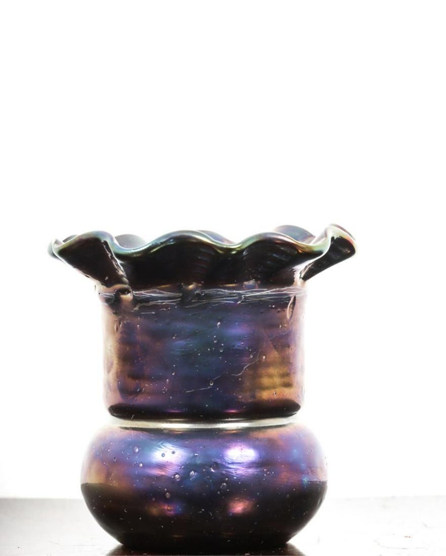 IRIDESCENT ART GLASS TOOTHPICK HOLDER att. LUTZ: unmarked. 2 1/2 inches. iridescent