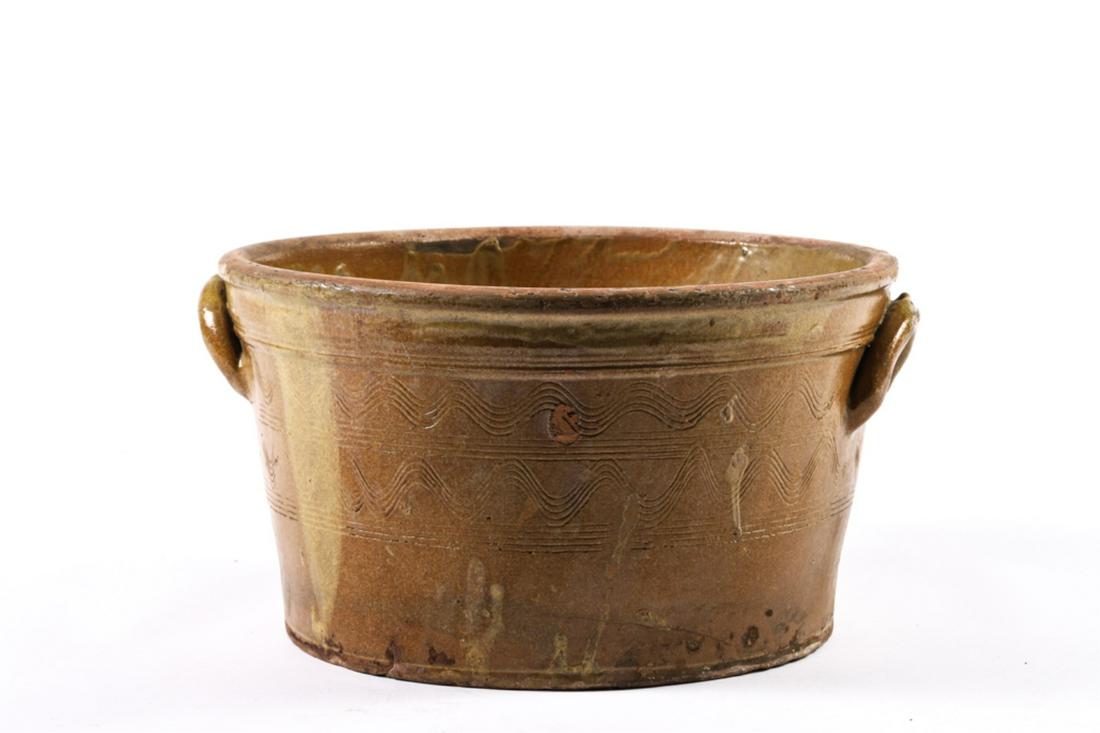 2) HANDLED GLAZED REDWARE SGRIFFITO DECORATED POT (1 of 8)