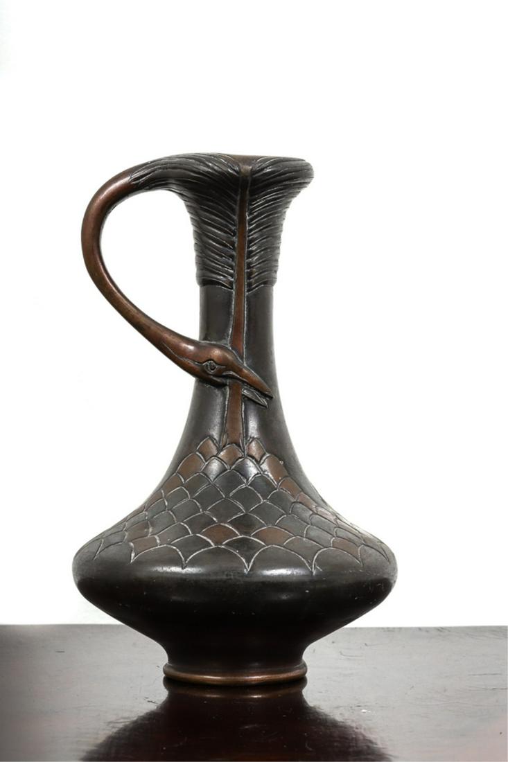 ASIAN BRONZE EWER with SWAN and FEATHER MOTIF: (2) Toned patinated finish. 9 inches. unmarked.