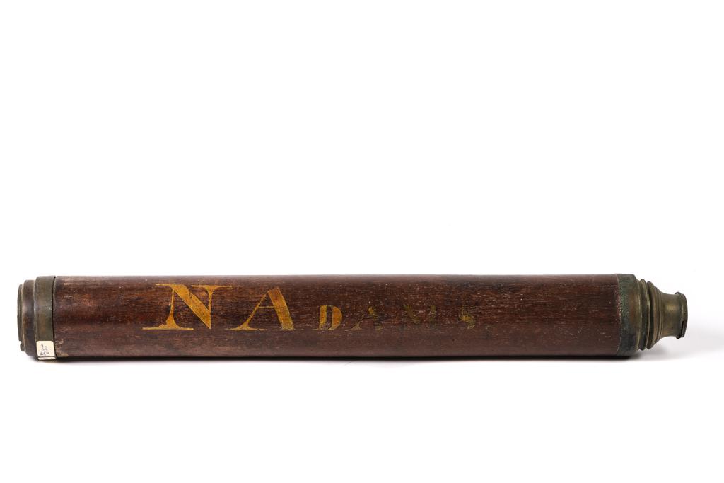 SHIP MASTER NATHANIAL ADAM'S TELESCOPE: Single drawer brass and wooden telescope engraved Wm. Davis and painted N. Adam (presumably baptized 1775 and mastered with Schooner Essex in 1821according to labels. 20 inches (retracted)