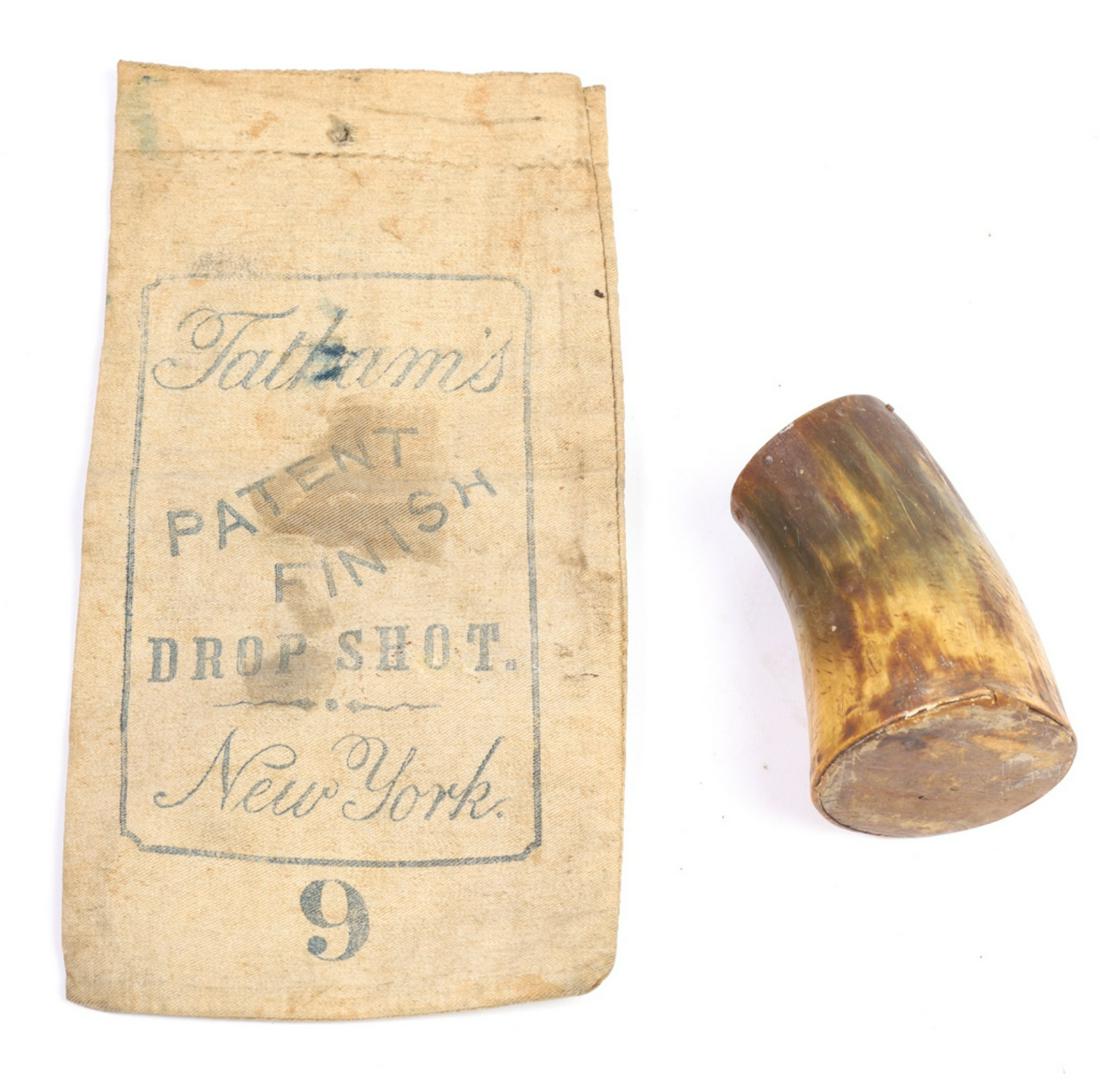 RARE SIDE LOADING POWDER HORN & FATHAM'S SHOT BAG (1 of 6)
