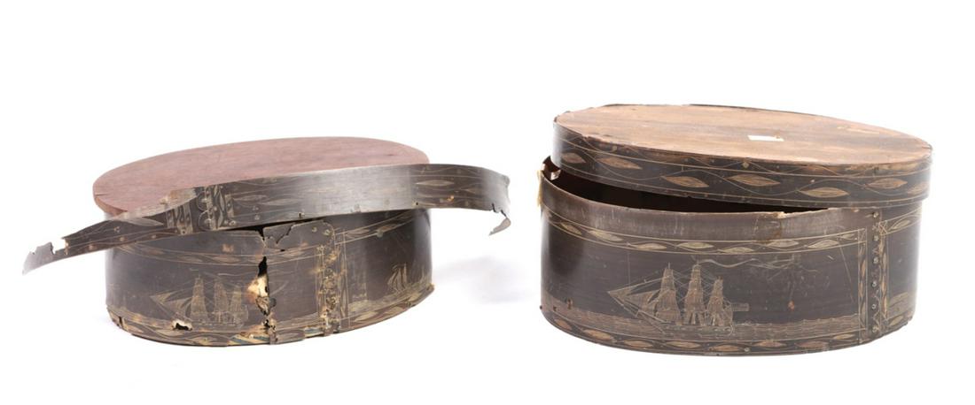 (2) BALEEN SCRIMSHAW DECORATED PANTRY BOXES: Decorated with Tall Ships, lighthouses and forts on islands along the coast. The second scrimshawed with American Eagle, tall ships, fort and lighthouse (a variation of the first). Baleen with wooden 