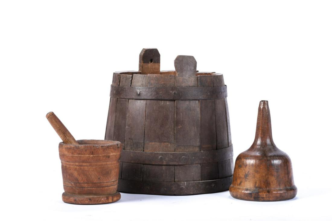 IRON BOUND BUCKET, FUNNEL & MORTAR & PESTLE (1 of 5)