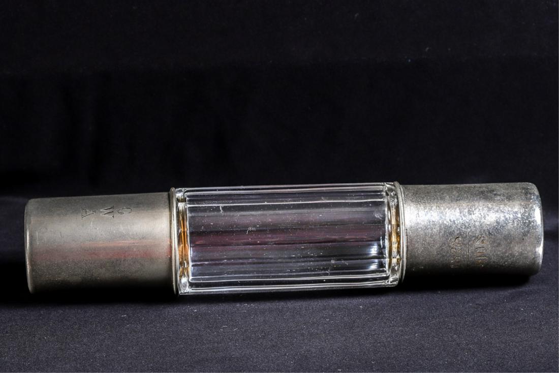 (80th) ANIVERSARY CRYSTAL CYLANDER FLASK: With his and her cups. Engraved "GWA" 1828-1908. Cups with gold washed interiors. unmarked 8 1/2 inches.