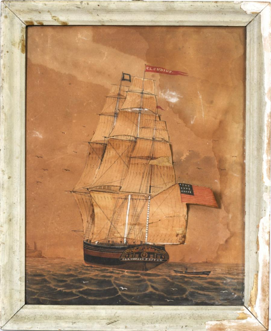 TALL SHIP CLAUDIUS OF BOSTON: From London Bound to South Shields and Commanded by John Scobie 1834-1848 ink, cut paper and gouache. Applied sails produce a 3-D effect. 11 1/2 x 9 inches. framed 13 1/2 x 11 inches (overall)