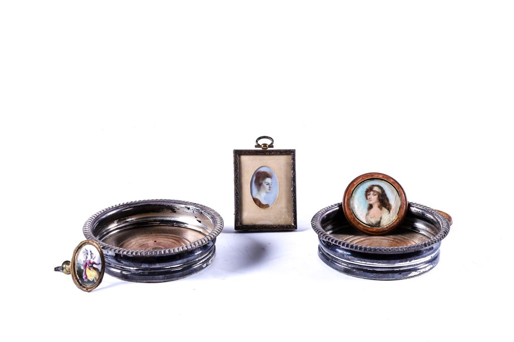 INTERESTING GROUPING OF ANTIQUE KEEPSAKES: Including: Pair of Sheffield silver plated wine coasters (unmarked), Battersea enamel tie back and (2) portrait miniatures (1) in burlwood case signed Thayer Paris. 6 inches (and under)