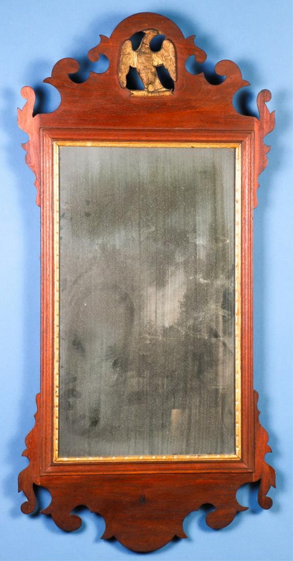 CHIPPENDALE MAHOGANY LOOKING GLASS with EAGLE: 37 1/2 x 18 inches.