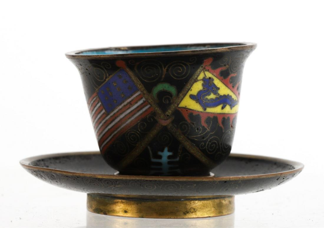 JAPANESE CLOISONNE CUP & SAUCER with AMERICAN FLAG (1 of 9)