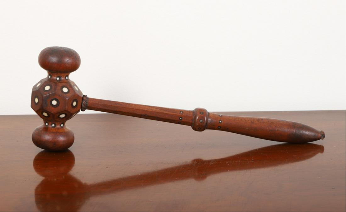 FINELY CARVED GAVEL SET with WALNUT & INLAY: (19th c) Turned and faceted cherry inlaid with bulls eyes of walnut and bone inlay. 10 inches.