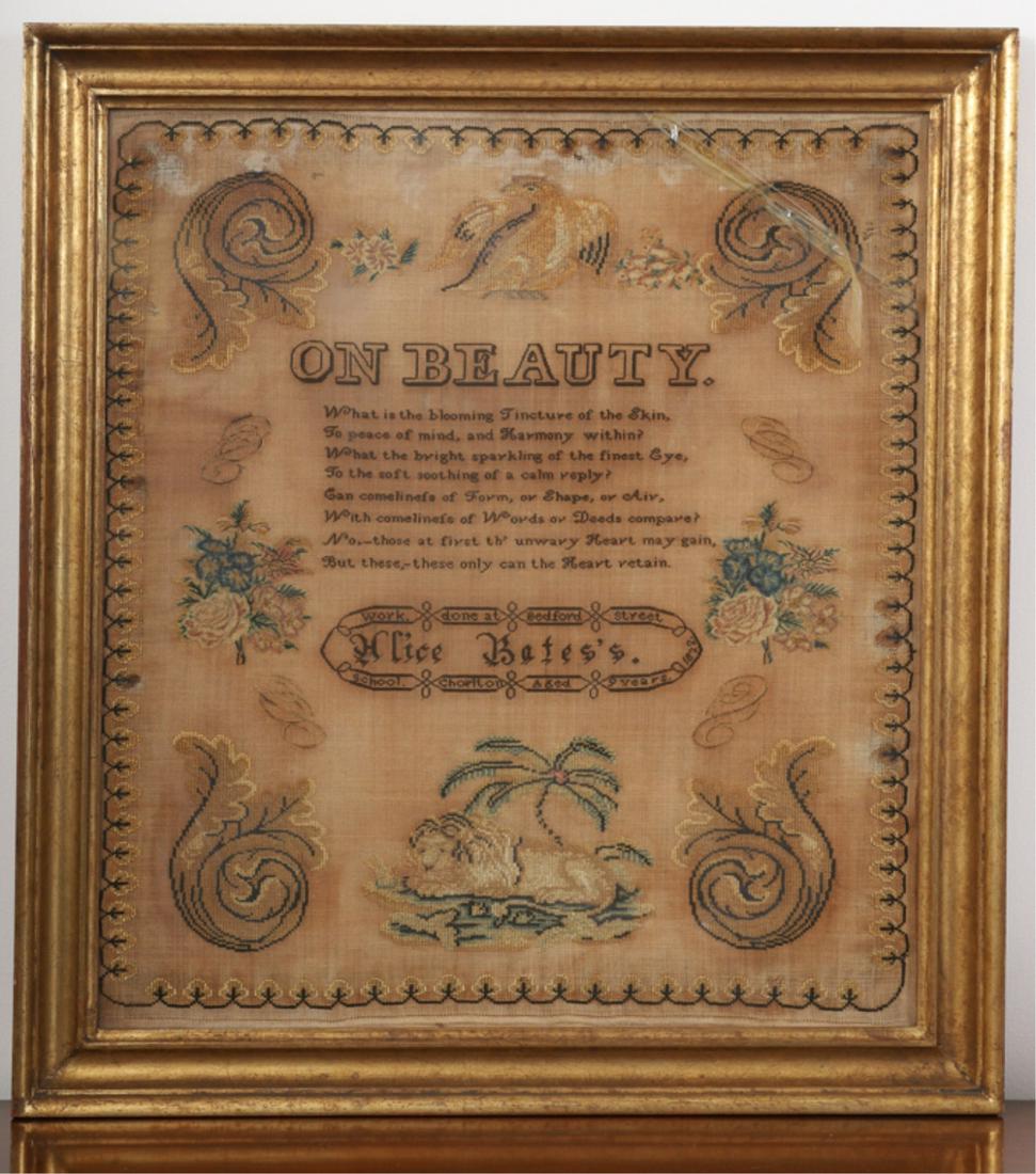 1822 SCHOOLGIRL NEEDLEWORK: Alice Bates, her work centered with an eagle, "On Beauty" verse,20 1/2 x 18 inches