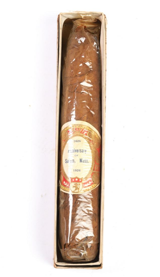 300th ANNIVERSARY OF SALEM, MASS NOVELTY CIGAR: 1626-1926 Oversized cigar in its original wrapper and box. 8 1/2 inches