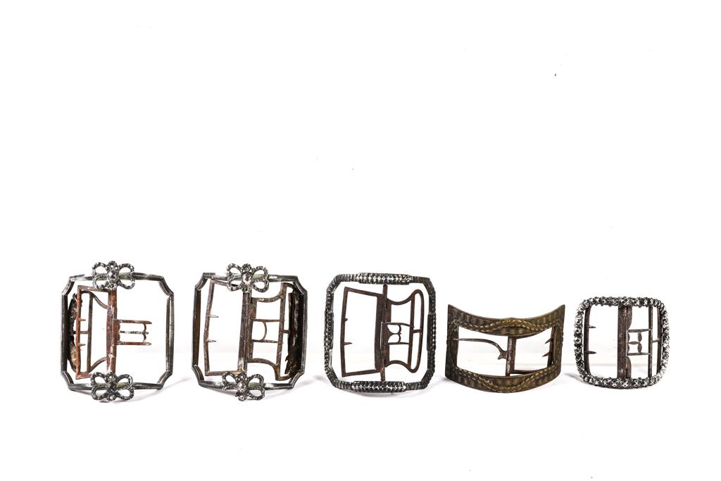 (5) ANTIQUE (18th c) BUCKLES: Including: Pair of plated copper examples with bows, and (3) singles 3 1/2 inches (and under)