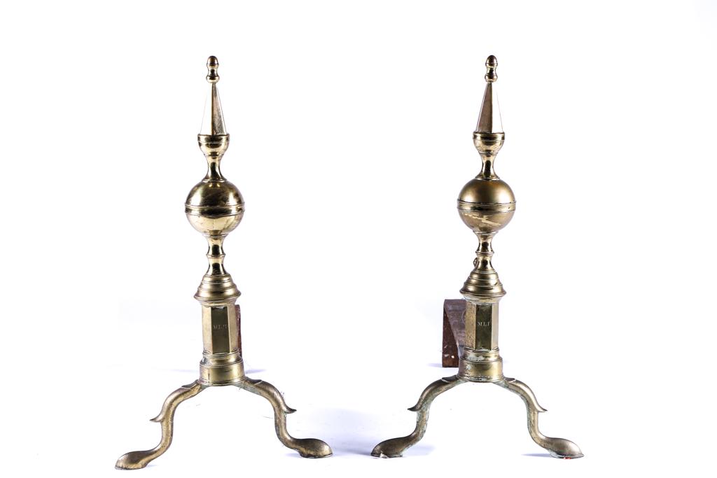 PAIR OF JOHN MOLINEUX BRASS STEEPLE-TOP ANDIRONS (1 of 9)