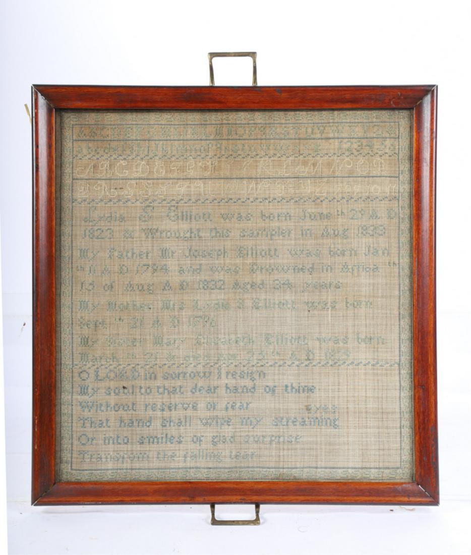 1823 ALPHA-NUMERIC MEMENTO MORI SAMPLER: My Father Mr. Joseph Eliot was Born A.D. 1794 and was drown in April 15th of August AD 1832 aged 34 years 17 x 16 inches. framed 21 x 18 inches (overall)