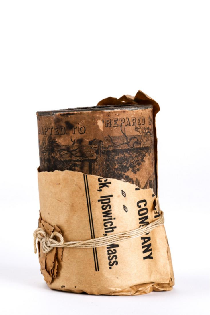 PERCUSSION GUN POWER TIN with ORIGINAL LABEL: Prepared and Adapted to Rifle Percussion Guns Wonderful tin stopper. complete. 4 1/2 inches