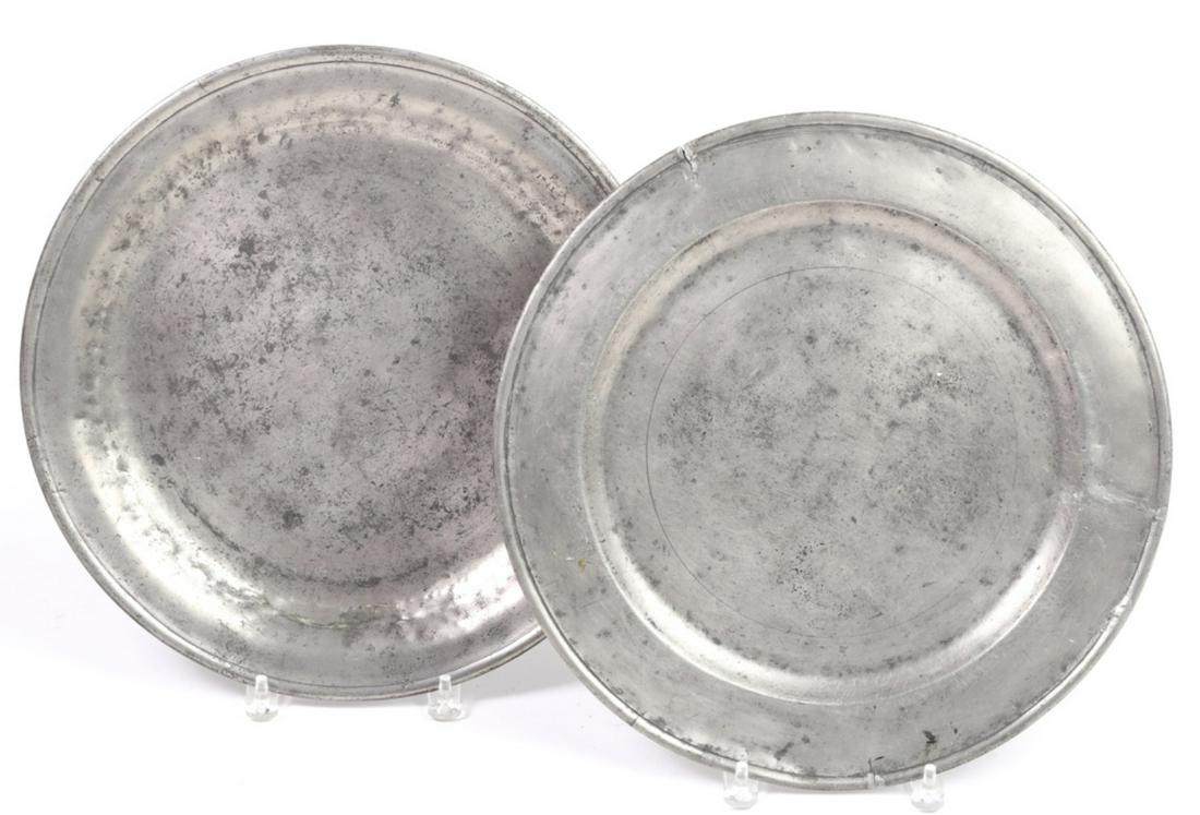 (2) PEWTER CHARGERS (1) by LAWRENCE LANGWORTHY: 16 inches. (found outside of Boston), The other is monogrammed and stamped with a rose. 17 inches.