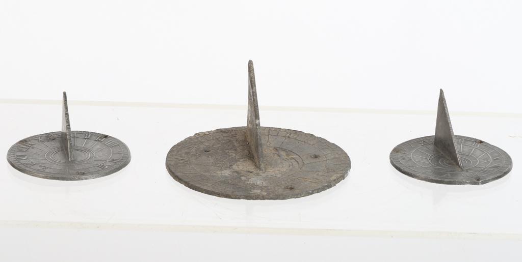 (3) PEWTER SUNDIALS, (1) signed JOSIAH MILLER: N.M. (Miller?) and unmarked.