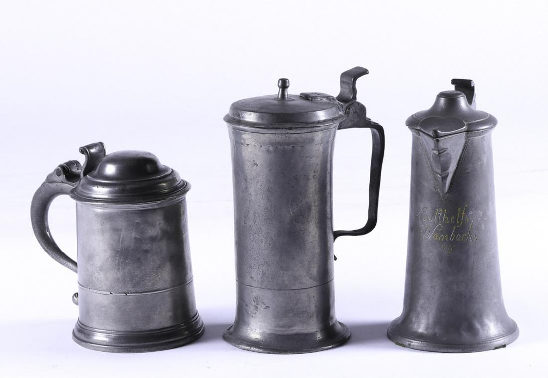 PEWTER STITZEN, FLAGON and STEIN: Each unmarked. 10 inches (and under)