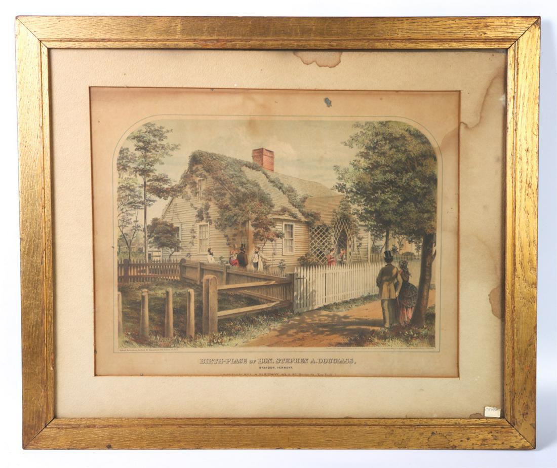 BIRTHPLACE OF HON. STEPHEN A. DOUGLAS BRANDON, VT: Chromolithograph by Robertson, Seibert and Shearman. Published by Harrison, New York 1859. 14 x 17 1/2 inches. framed 21 x 24 1/2 inches (overall)