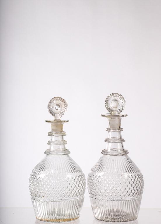PAIR OF EARLY BLOWN MOLDED GLASS DECANTERS (1 of 11)