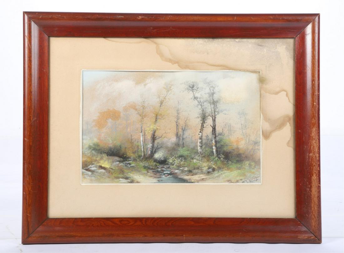 WILLIAM SIMMONS HUNT (1843-1901): Autumn Stream pastel 9 1/2 x 15 inches. signed. framed 19 x 25 inches (overall)