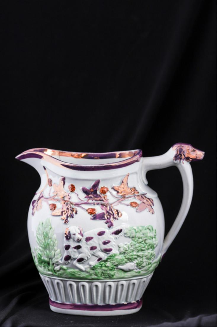 ENGLISH PINK LUSTER PITCHER with HUNTING DOGS (1 of 10)