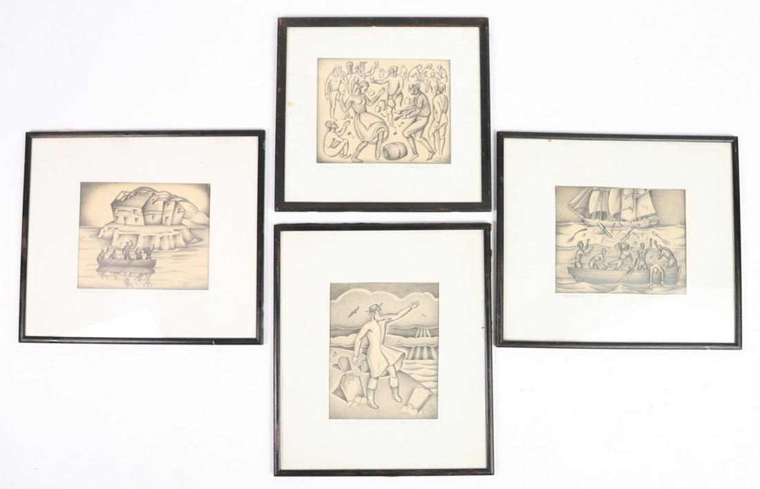 CURTIS SMITH HAMILTON (1907-1985) MARBLEHEAD: Suite of (4) "Captn Parker Meets the Pirates", "Old Diamond" , "The Burning of Castle Pox" and "Lection Week at Gingerbread Hill" charcoal on paper. signed and dated 1936. 8 x 10 inches (not including