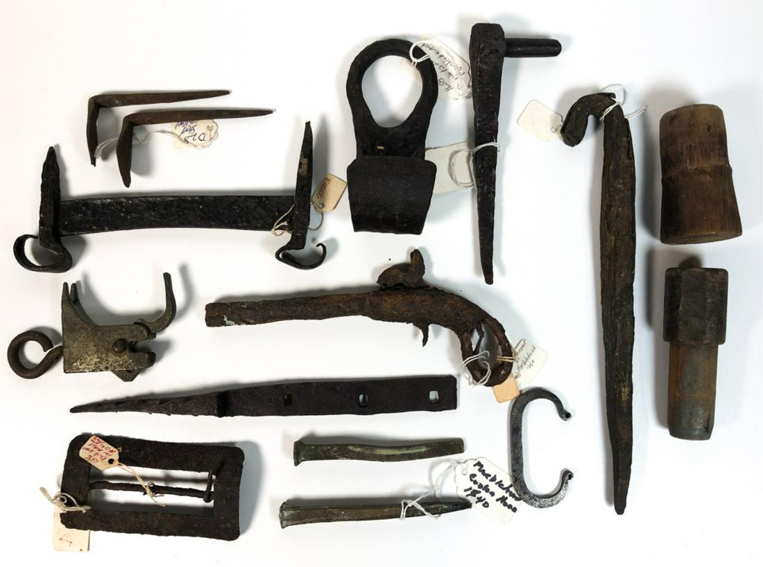 GROUPING OF WROUGHT IRON METALWARES & RELICS: Including: Hook, pistol, buckle, 1650 boot scraper, 1658 hinge, large spike, strap, (2) bronze nails each from Marblehead and (2) wooden pins etc.