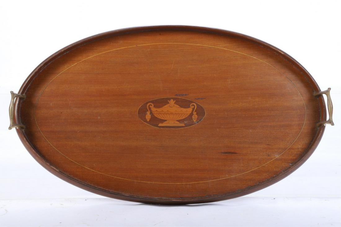 MARQUETRY INLAID MAHOGANY TRAY with BRASS HANDLES: Centered with an urn incorporating contrasting woods. 15 x 25 x 2 inches