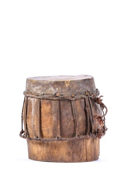 VERY EARLY NATIVE DJEMBE DRUM: Hide stretched over single piece of a hollowed log. 9 x 9 inches.