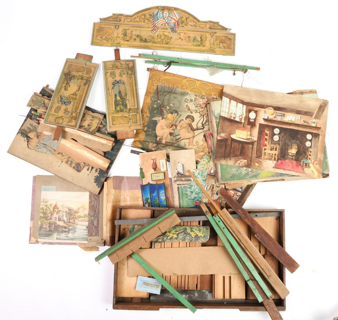 (19th/20th c) PAPER LITHOGRAPH THEATRE: Lithograph in color on wood and paperboard with a variety of cloth and handmade backdrops. unmarked.
