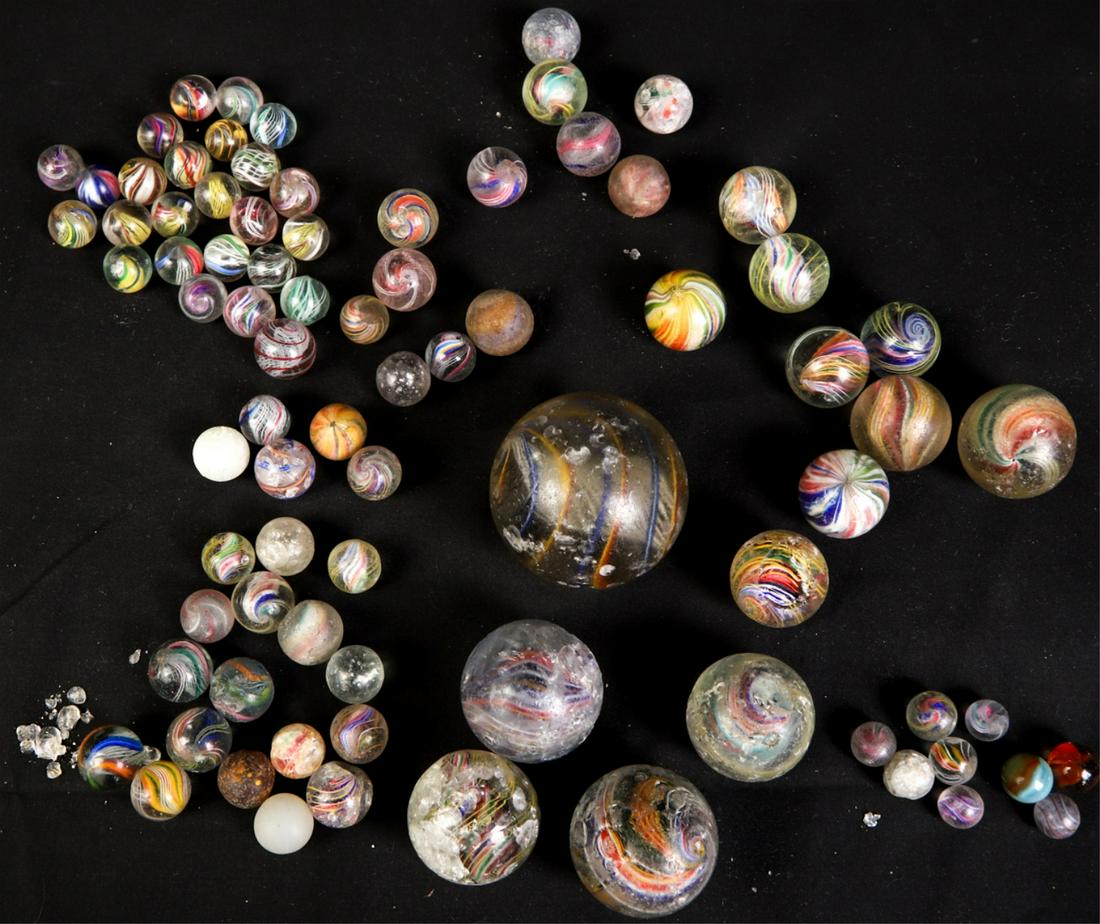 LOT OF SWIRL & LATTICINO GLASS MARBLES: 2 3/8 inches, 1 1/2 inches (and under)