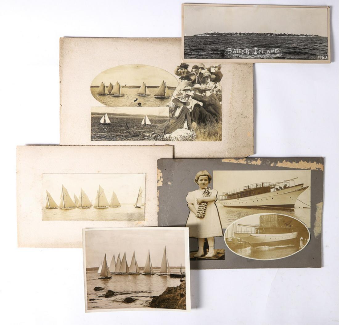 (5) EARLY PHOTOGRAPHS OF MARBLEHEAD: Including: Baker's Island 1953, Yachts going to the Starting Line 1930, Similar event circa 1910, Collage of a similar event. Together with the commemoration of a yacht Christening. 12 x 19 inches (an