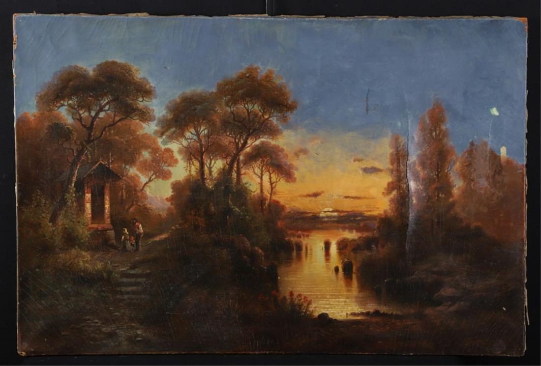 (Late 19th c) EUROPEAN SCHOOL Luminous Landscape: "Family Stops to Pay Homage on their Travels" unsigned, oil on canvas, 29 x 43 1/2 inches. unframed. The Postar Collection
