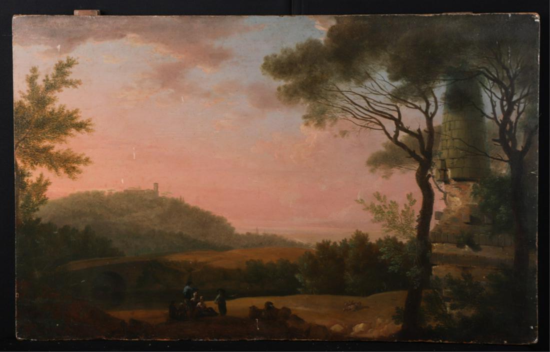 (19th c) EUROPEAN SCHOOL: "Romantic Panoramic Landscape with a Family of Sheepherders" oil on panel, 23 x 36 inches. unsigned, initialed W.S.B. Boston USA verso. unframed. The Postar Collection