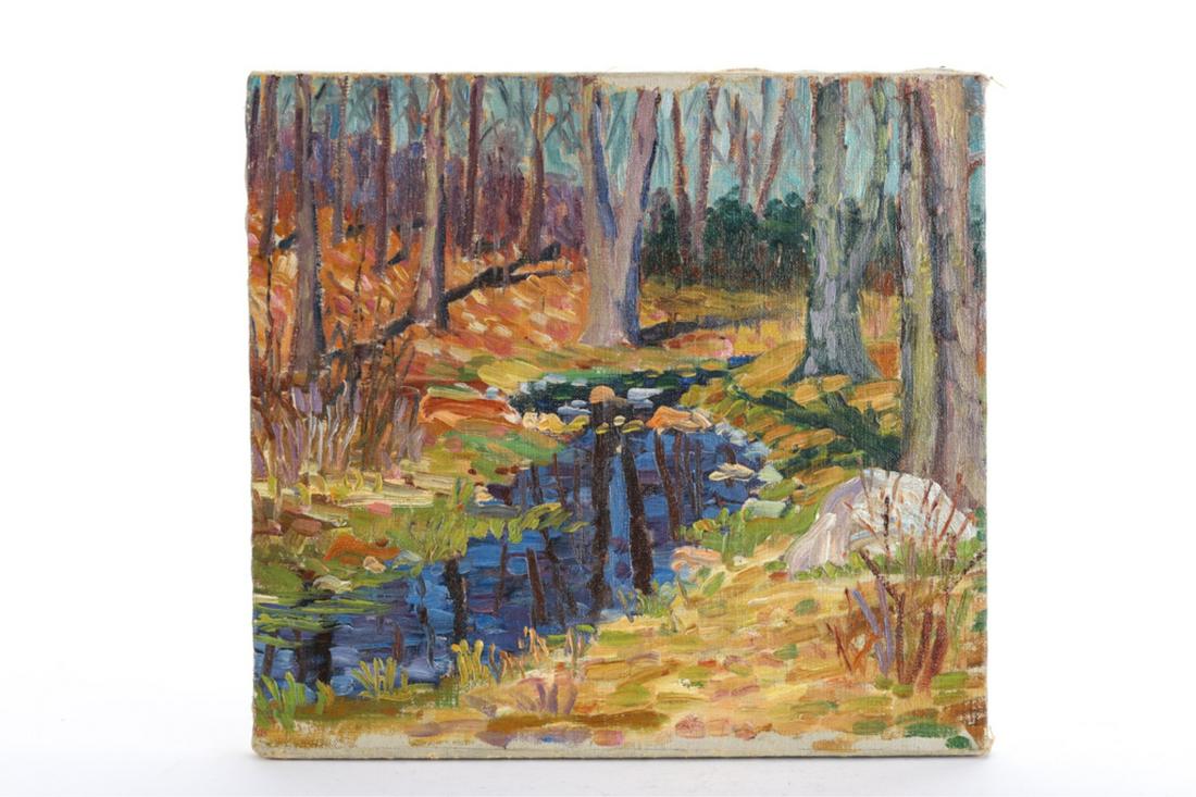 WILLIAM A. HILL (1886-1969): Autumn landscape with Stream" oil on canvas 14 x 15 inches. signed "Hill" verso, unframed. The Postar Collection