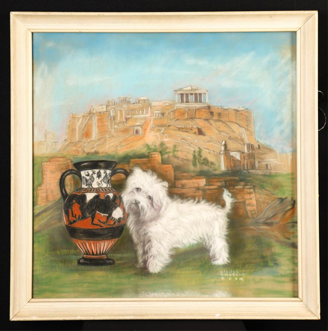 GLADYS EMERSON COOK (American 1899-1976): "Ode to a Grecian Urn and a Maltese". Signed lower right, "Gladys Emerson Cook", pastel on paper, 19 1/2 x 19 1/2 inches. framed. The Postar Collection